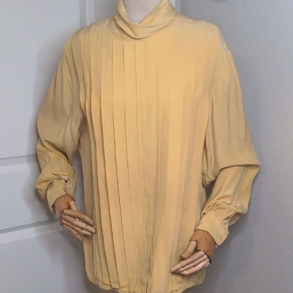 Vintage 80s Linda Hutton Pure Silk Blouse Gold Pleated Elegant Old Money SZ 12